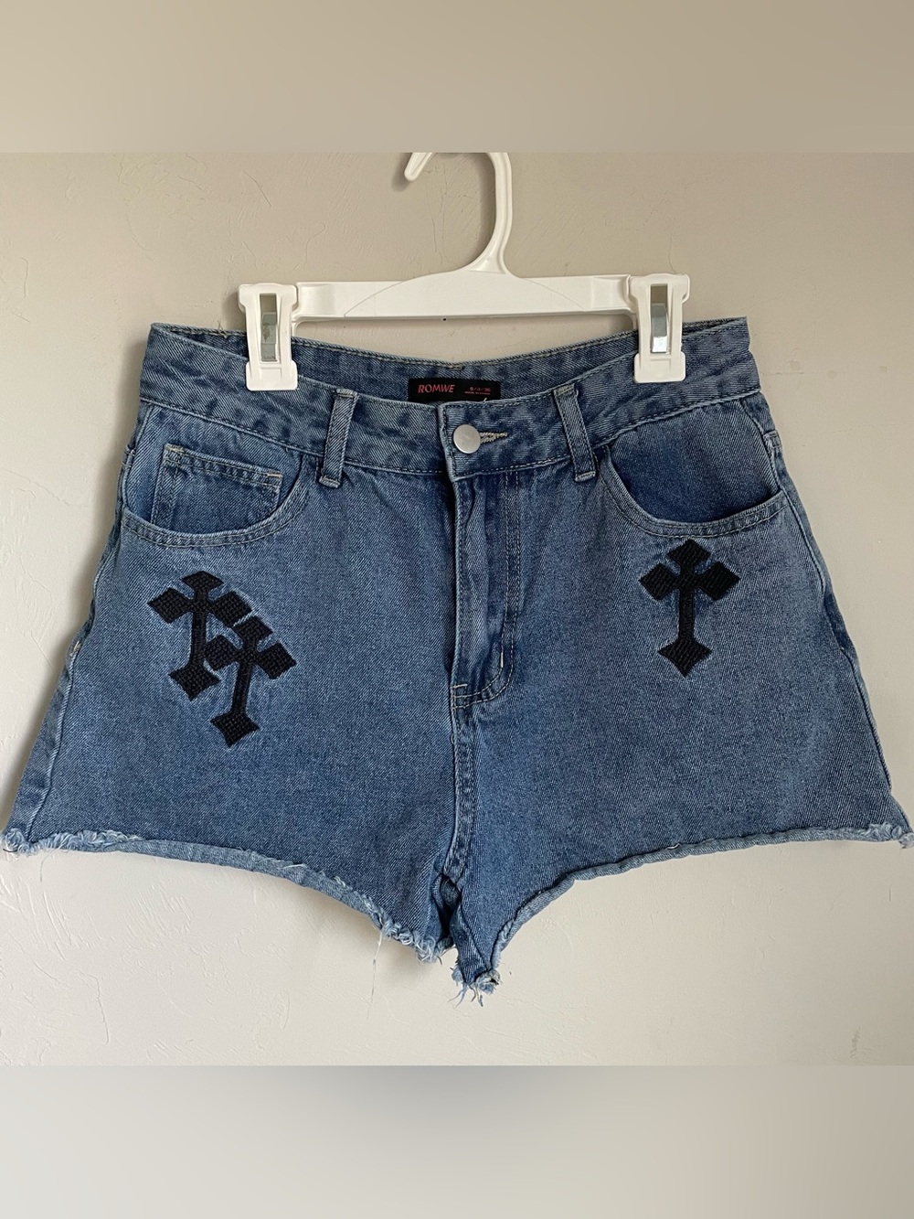 ROMWE Blue Denim High-Waist Shorts with Black Embroidered Cross Raw Hem